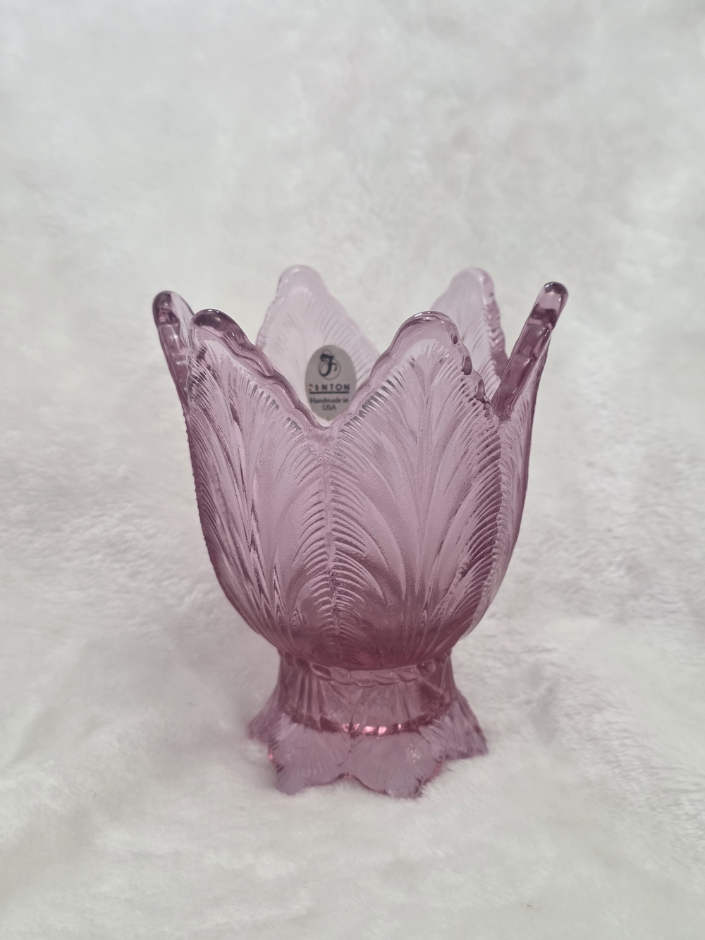 Vintage Fenton Pink Glass Leaf Plume Votive Candle Holder